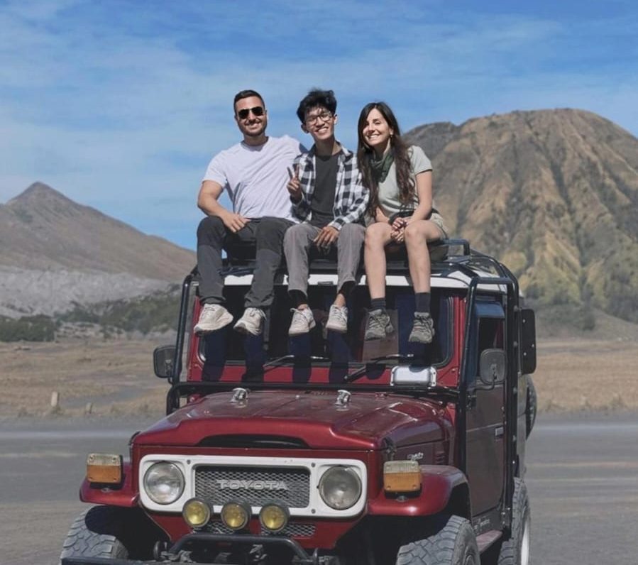 Friesko with guests on a jeep at Mount Bromo